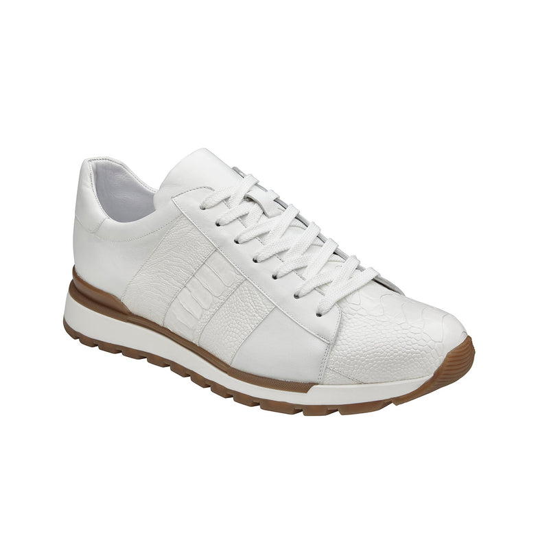 Belvedere Blake 33629 Shoes Men's White Exotic Genuine Ostrich / Calf-Skin Leather Casual Sneakers (BV3165)-AmbrogioShoes