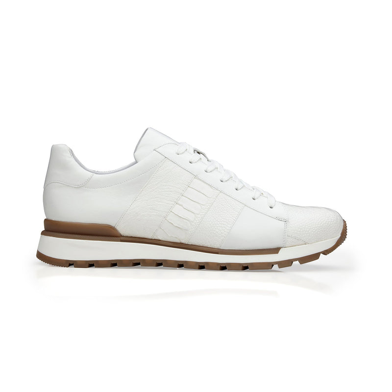 Belvedere Blake 33629 Shoes Men's White Exotic Genuine Ostrich / Calf-Skin Leather Casual Sneakers (BV3165)-AmbrogioShoes