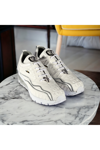 Belvedere E04 Rexy White Exotic Crocodile / Calf-Skin Leather Eyes Casual Tennis Sneakers (BVS3032)-AmbrogioShoes