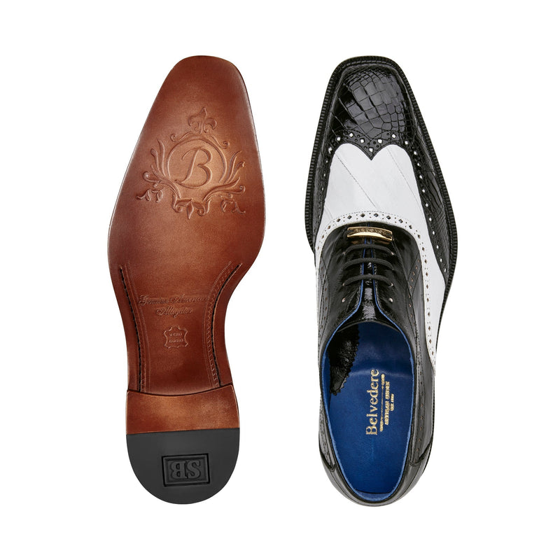 Belvedere Varo R49 Men's Shoes Black & White Exotic Alligator / Eel Skin Wingtip Oxfords (BV3113)-AmbrogioShoes