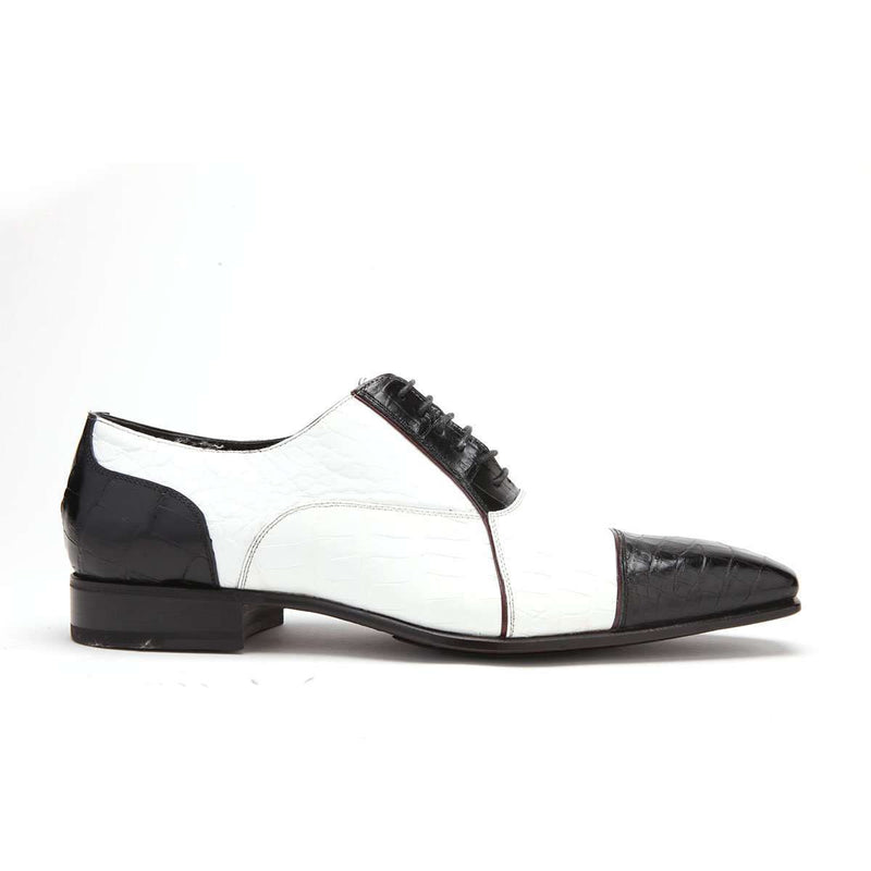 Caporicci Men's Luxury Italian Shoes Black & White Baby Alligator Oxfords ART201 (CAP1000)-AmbrogioShoes