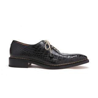 Caporicci Men's Luxury Italian Designer Shoes 1400 Alligator Nero Black Norwegian Construction Oxfords (CAP1104)-AmbrogioShoes