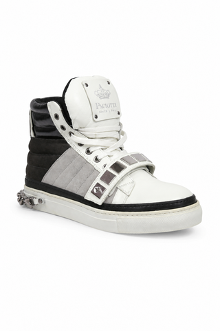 Cesare Paciotti Luxury Italian Men's Designer Shoes White Nappa Bianco Cam Gray Leather / Suede Sneakers (CPM3033)-AmbrogioShoes