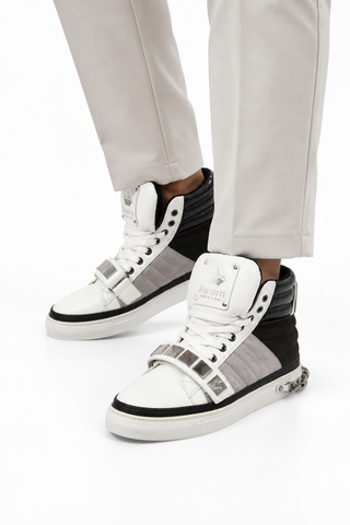 Cesare Paciotti Luxury Italian Men's Designer Shoes White Nappa Bianco Cam Gray Leather / Suede Sneakers (CPM3033)-AmbrogioShoes