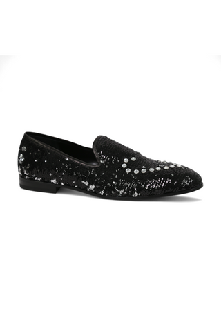 Cesare Paciotti Luxury Italian Men's Paillettes Black Silver Formal Loafers (CPM5107)