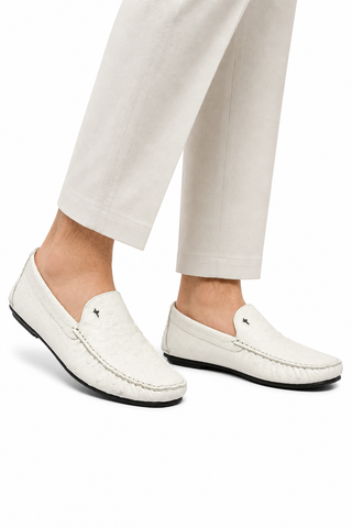 Cesare Paciotti Luxury Italian Men's Struzzo Ostrich Skin Bianco White Moccassins (CPM5369)-AmbrogioShoes