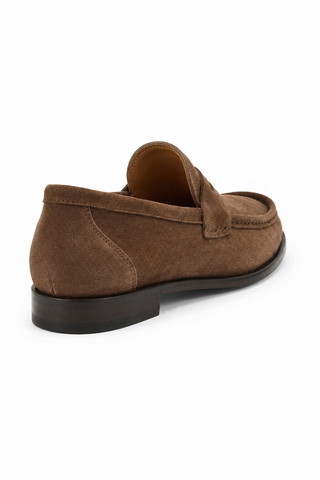 Bruno Magli Lombardo tobacco brown suede penny loafer with a round toe and stacked leather heel.