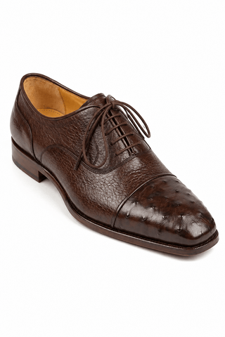 Paul Parkman brown ostrich and calfskin leather oxford shoe with a round toe and lace-up design.