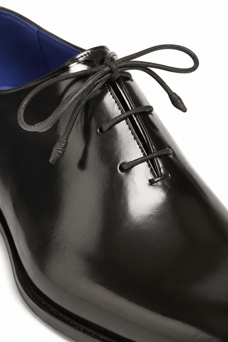 Paul Parkman black calf-skin leather whole-cut Oxford shoe with a polished finish and blue interior lining.