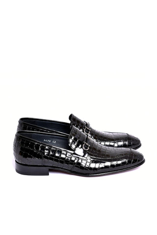 Corrente 3470BC Embossed Leather Horse-Bit Loafer - Black-AmbrogioShoes