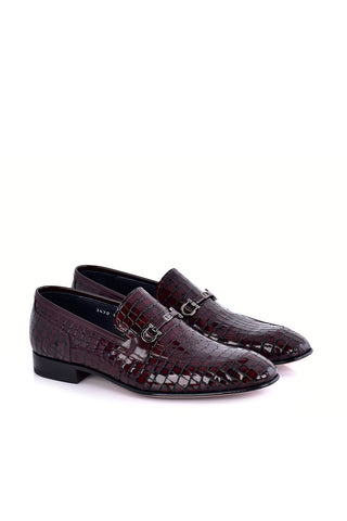 Corrente 3470BC Embossed Leather Horse-Bit Loafer - Burgundy-AmbrogioShoes
