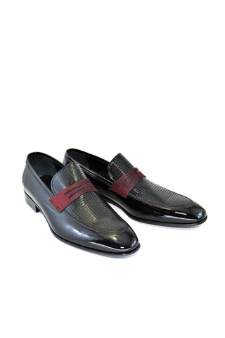 Corrente 3711HS Patent & Textured Penny Loafer - Red & Black-AmbrogioShoes