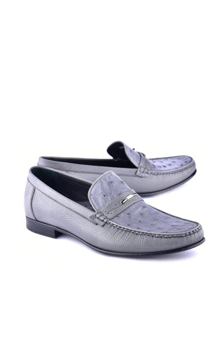 Corrente 3898Ost Leather & Ostrich Horse-Bit Loafer - Gray-AmbrogioShoes