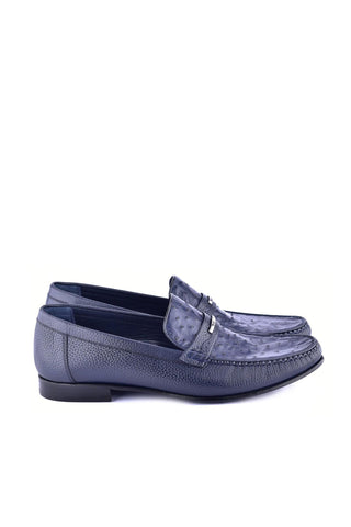 Corrente 3898Ost Leather & Ostrich Horse-Bit Loafer - Navy-AmbrogioShoes