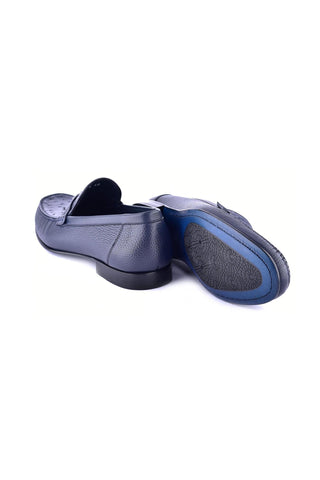 Corrente 3898Ost Leather & Ostrich Horse-Bit Loafer - Navy-AmbrogioShoes
