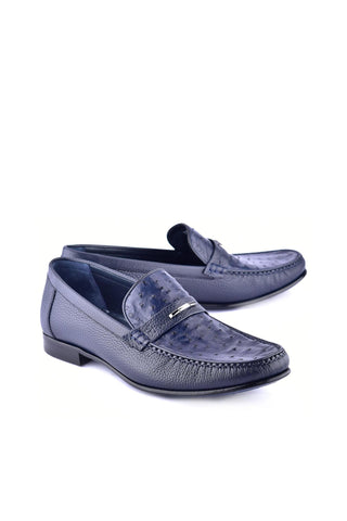 Corrente 3898Ost Leather & Ostrich Horse-Bit Loafer - Navy-AmbrogioShoes