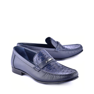 Corrente 3898Ost Leather & Ostrich Horse-Bit Loafer - Navy-AmbrogioShoes