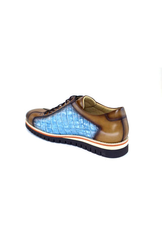 Corrente 4005HS Embossed Leather Sneaker- Sky & Camel-AmbrogioShoes