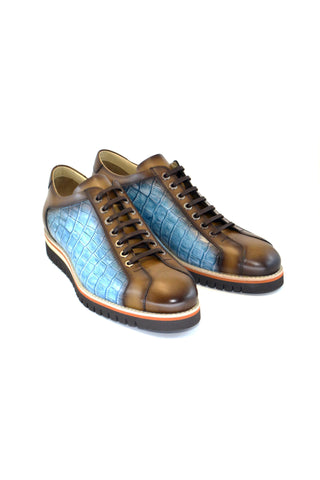 Corrente 4005HS Embossed Leather Sneaker- Sky & Camel-AmbrogioShoes