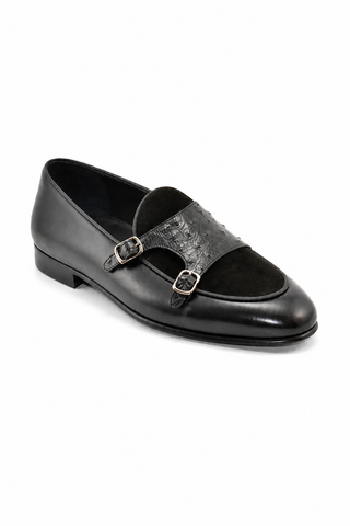 Corrente 4661 Multi Material Double Monk-Strap Loafer - Black-AmbrogioShoes