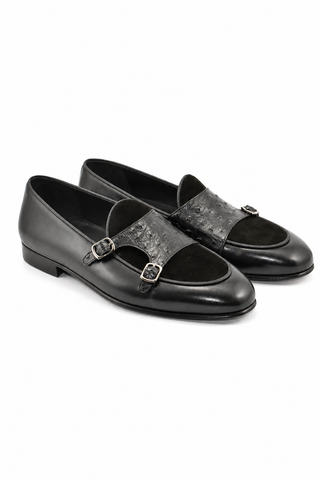 Corrente 4661 Multi Material Double Monk-Strap Loafer - Black-AmbrogioShoes