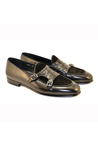 Corrente 4661 Multi Material Double Monk-Strap Loafer - Black-AmbrogioShoes