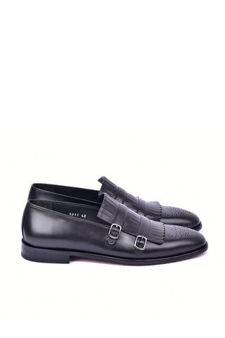 Corrente 5211 Leather Kiltie Double Monk Strap - Black-AmbrogioShoes