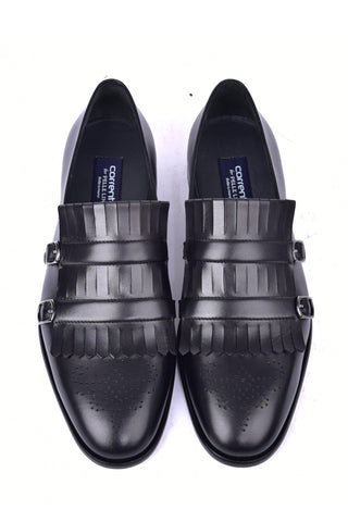 Corrente 5211 Leather Kiltie Double Monk Strap - Black-AmbrogioShoes