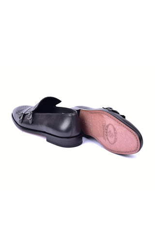 Corrente 5211 Leather Kiltie Double Monk Strap - Black-AmbrogioShoes