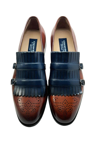 Corrente 5211 Leather Kiltie Double Monk Strap - Navy & Brown-AmbrogioShoes