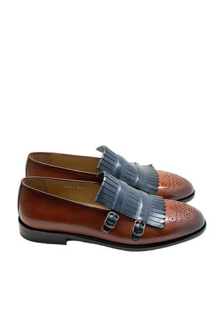 Corrente 5211 Leather Kiltie Double Monk Strap - Navy & Brown-AmbrogioShoes