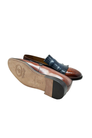Corrente 5211 Leather Kiltie Double Monk Strap - Navy & Brown-AmbrogioShoes