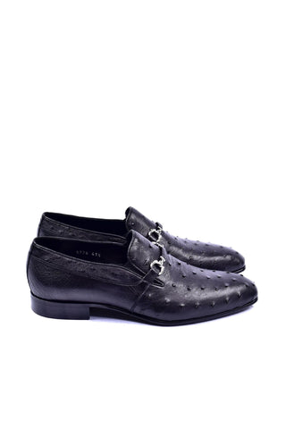 Corrente 5405 Ostrich Horse-Bit Loafer - Black-AmbrogioShoes