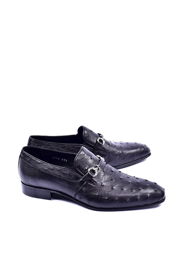 Corrente 5405 Ostrich Horse-Bit Loafer - Black-AmbrogioShoes