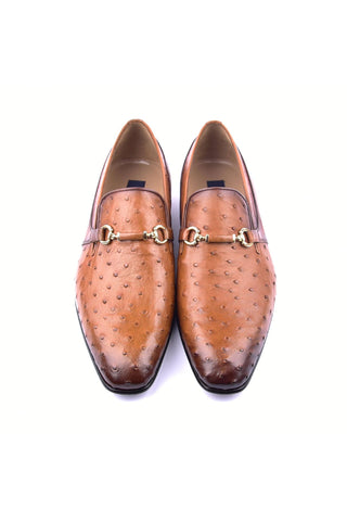Corrente 5776 Ostrich & Leather Horse-Bit Loafer - Tan-AmbrogioShoes