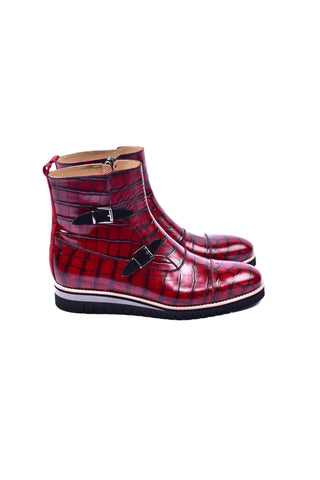 Corrente 5784C Embossed Leather Double Monk-Strap Boot - Red-AmbrogioShoes