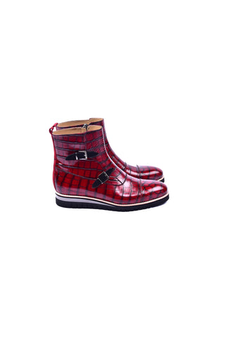 Corrente 5784C Embossed Leather Double Monk-Strap Boot - Red-AmbrogioShoes