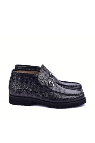 Corrente 5786C Embossed Leather Horse-Bit Boot - Black-AmbrogioShoes