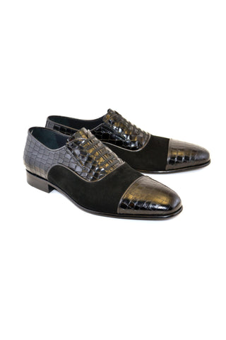 Corrente 5796 Suede & Embossed Leather Oxford - Black-AmbrogioShoes