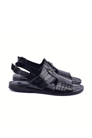 Corrente 5829S Ostrich & Embossed Leather Sandal - Black-AmbrogioShoes