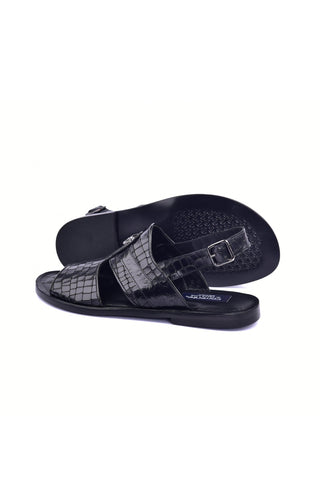 Corrente 5829S Ostrich & Embossed Leather Sandal - Black-AmbrogioShoes