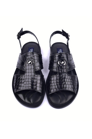 Corrente 5829S Ostrich & Embossed Leather Sandal - Black-AmbrogioShoes