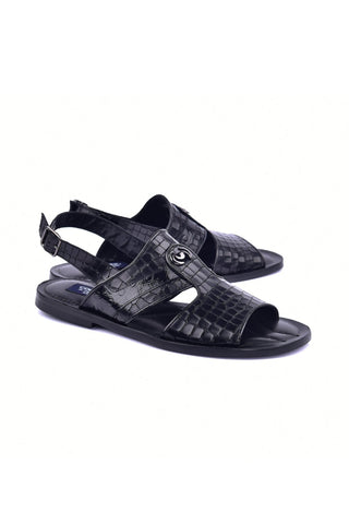 Corrente 5829S Ostrich & Embossed Leather Sandal - Black-AmbrogioShoes