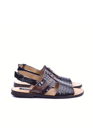 Corrente 5829S Ostrich & Embossed Leather Sandal - Brown-AmbrogioShoes