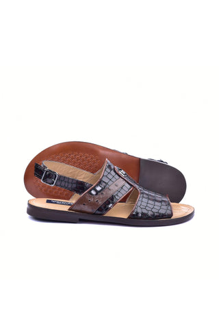 Corrente 5829S Ostrich & Embossed Leather Sandal - Brown-AmbrogioShoes