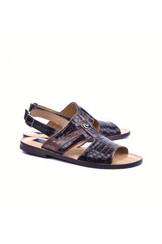 Corrente 5829S Ostrich & Embossed Leather Sandal - Brown-AmbrogioShoes
