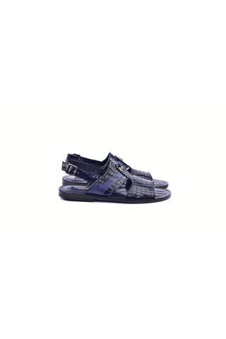 Corrente 5829S Ostrich & Embossed Leather Sandal - Navy-AmbrogioShoes