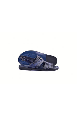 Corrente 5829S Ostrich & Embossed Leather Sandal - Navy-AmbrogioShoes