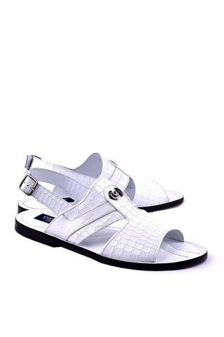 Corrente 5829S Ostrich & Embossed Leather Sandal - White-AmbrogioShoes