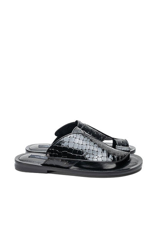 Corrente 5831 Embossed Leather & Ostrich Sandal - Black-AmbrogioShoes